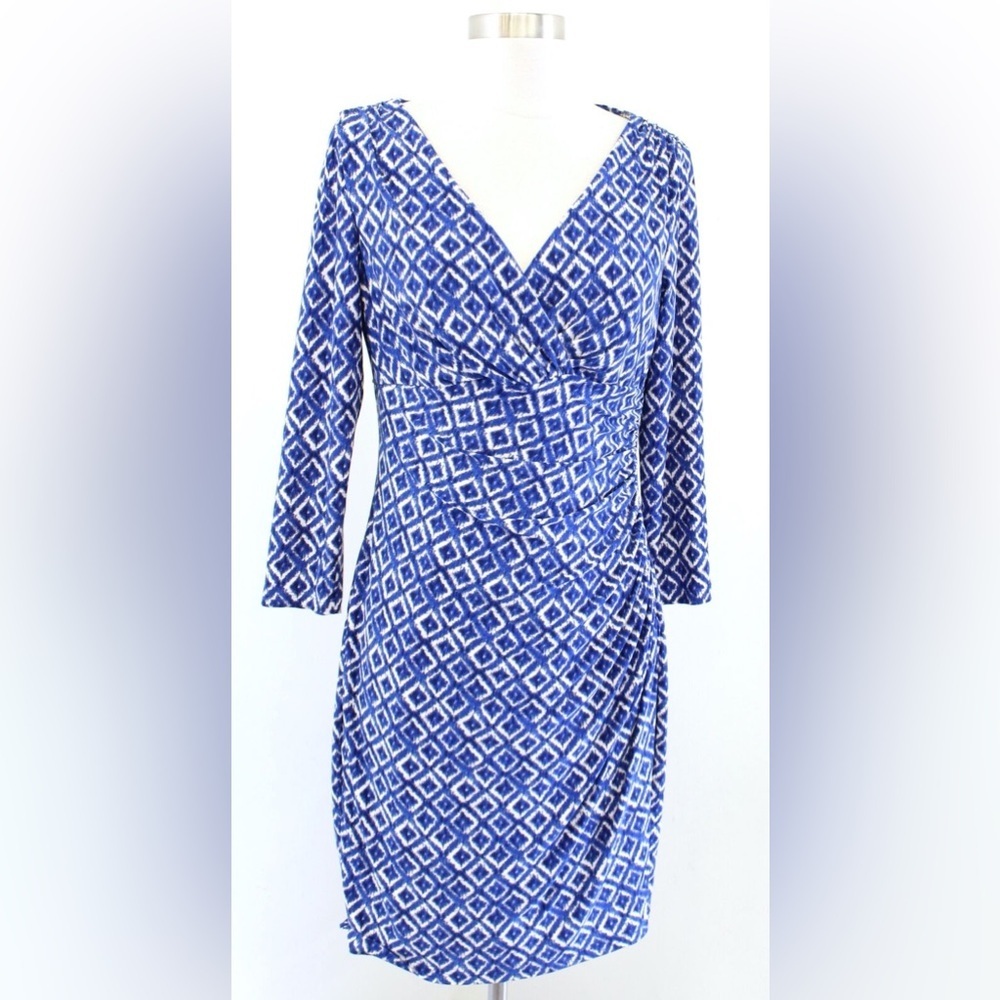 Ralph Lauren Wrap Midi Dress Size 6 blue/cream geometric block print